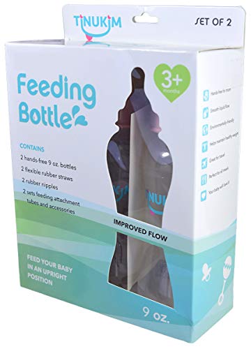 Tinukim iFeed 9 Ounce Self Feeding Baby Bottle with Tube - Handless Anti-Colic Nursing System, Pink - 2-Pack